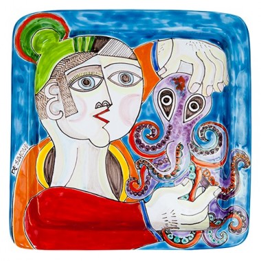 Handmade Sicilian Ceramic Squared Plate DS Octopus PQ28DS-3 Handmade Sicilian Ceramic Squared Plate DS Octopus PQ28DS-3